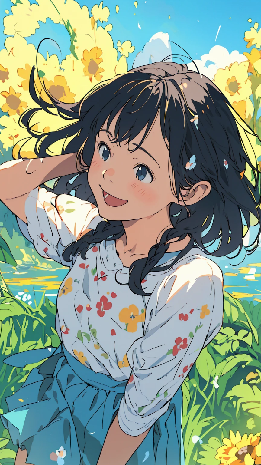Affordable design, Clear lines, High Sharpness, (Highest quality,8k,Perfect sharpness,Ultra fine,High resolution,masterpiece:1.2), Perfect Anatomy:1.5, Official Art, Illustrations that tell a story, (Whitish background:0. 9)、Body Positivity、多Mr.な身体表現、(Random and energetic poses)、Perfect beauty、Perfect beautiful face、Strong winds、A rich expression、Dynamic composition、smile、Golden ratio composition、colorful、((Mr.々Different angles and perspectives))、Anime Art、(Mini dress)、(Overcoming stereotypes)、 Glowing Skin、(Natural beauty)、smile、Bangs、(Soft and flowing hair)、(countryside)、(Nostalgic atmosphere)、Show off your thighs、(Playful and carefree)、(多Mr.な民族のキャラクター)、(innocent attitude)、(Sunny atmosphere)、(The skirt flutters wildly in the wind)、(Bright colors)、Beautiful Eyes、(Embarrassing)、Braided Hair、Summer Scene、Smiling among flowers、Fashion magazine cover、Side angle、Angle from below、