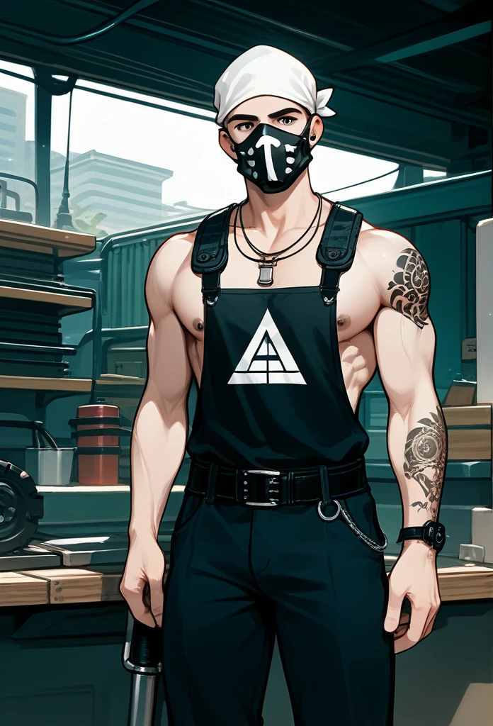 masterpiece, best quality, male, (masked face, full mask, covered face), white bandana, gray hair, short hair, spiky hair, mature body, muscular body, mechanic pants, tool belt, workshop, tattoos, covered in tattoos, holding hammer