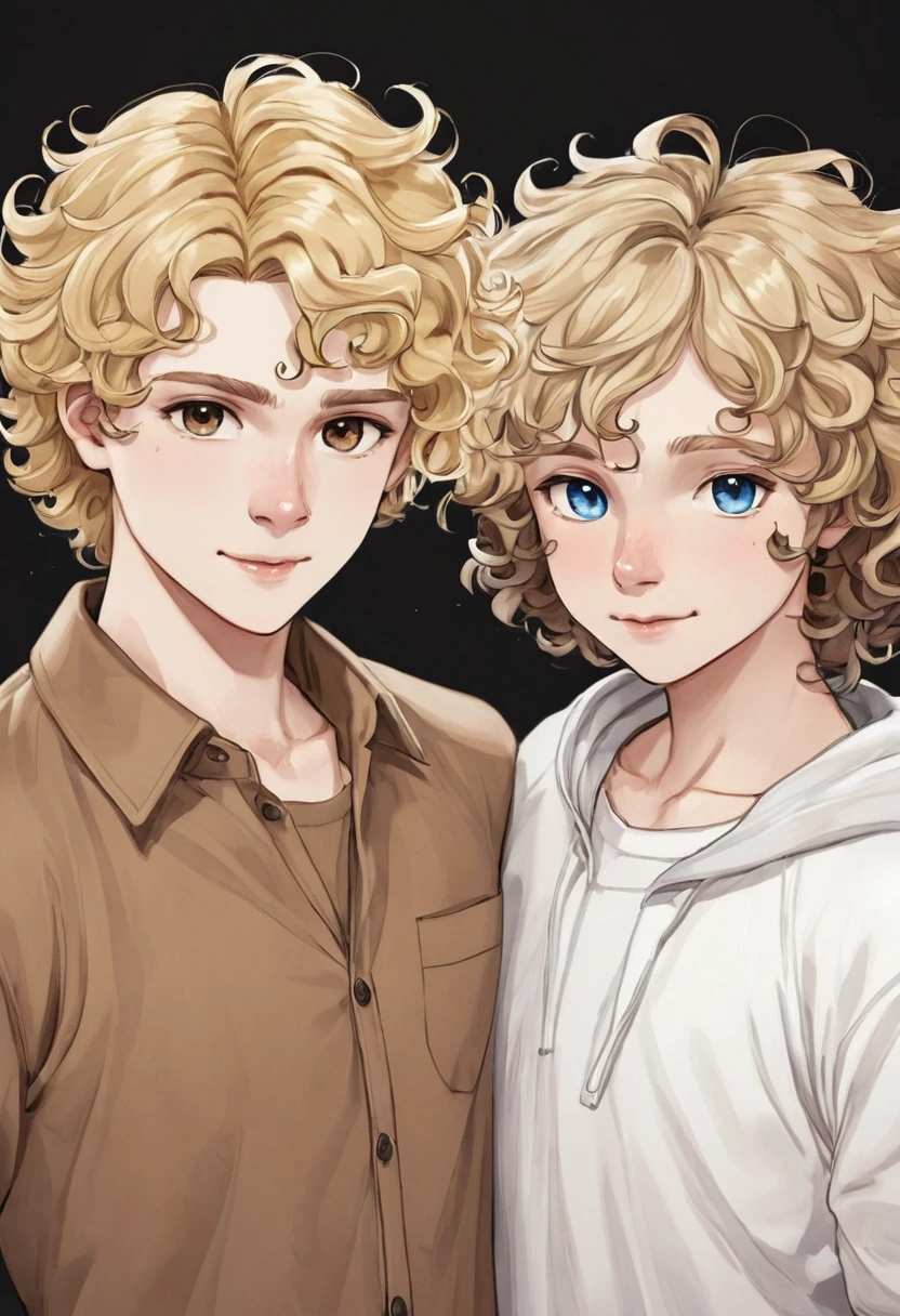 Create a couple.
has straight, blonde hair Boy has curly, brown hair Both have white skin