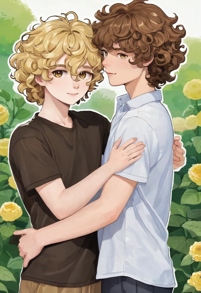 Create a couple.
 has straight, blonde hair Boy has curly, brown hair Both have white skin 