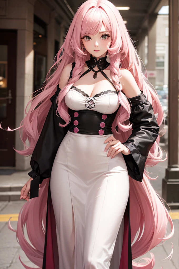 Caucasian woman with curly pink hair in front of voluminous straight white hair.
film
