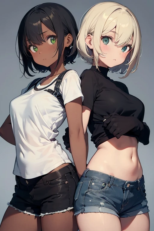 twin girls, black skin color, light green short hair, neat face, neat body, boobies, black jersey, shorts
jeans curto preto, full gloves, The eyes, complete body.