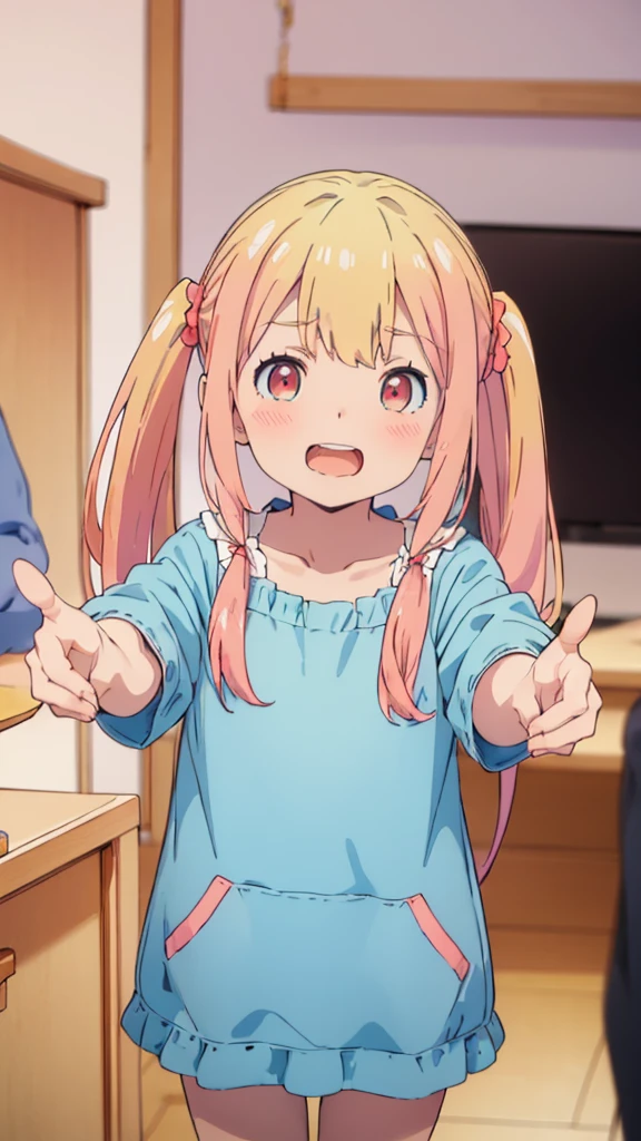 ((masterpiece))((Highest quality))girl、Laughing with your mouth open、blush、Flat Chest、Are thin、Blonde Hair、blush、Are standing、Whole body image、Eye level on face、、No background、Blue clothes、Hair is two colors、Twin tails、Red Eyes、Two-tone red and yellow hair、With open arms