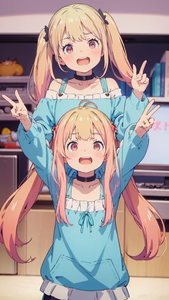 ((masterpiece))((Highest quality))girl、Laughing with your mouth open、blush、Flat Chest、Are thin、Blonde Hair、blush、Are standing、Whole body image、Eye level on face、、No background、Blue clothes、Hair is two colors、Twin tails、Red Eyes、Two-tone red and yellow hair、With open arms