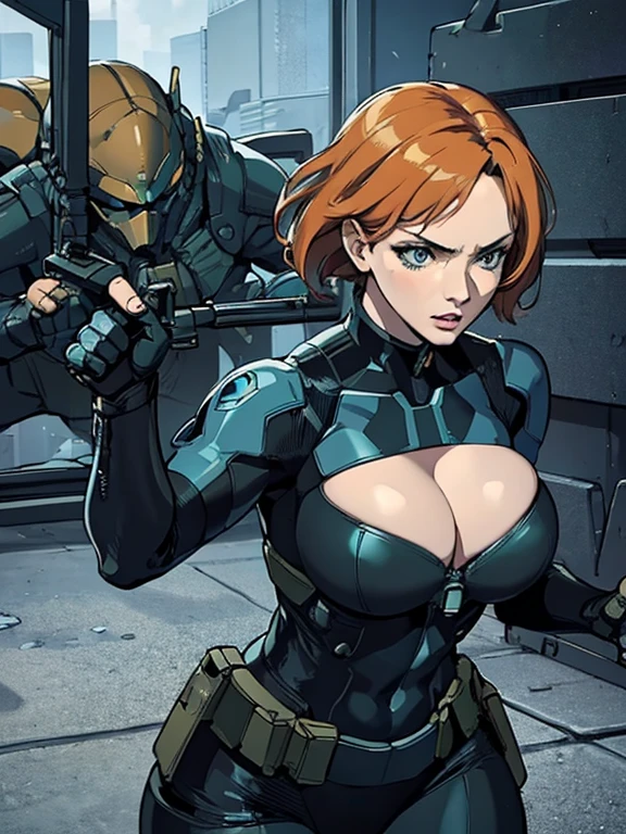 Imagine Christina Hendricks as a Metal Gear Solid character, powerful female character, short wavy orange hair and bright blue eyes, 48 years old, striking and mature facial features, agile and athletic build, (Wearing: Fingerless Gloves, skin-tight suit, black and green stealth suit, cleavage cutout, utility belt, metallic armlets, armored boots, gun holsters), The suit is so tight that Christina Hendricks breasts barely fit in it, The suit emphasizes her stealth and combat prowess. Stealthy and formidable presence of the character, hyper-realistic rendering to capture every minute detail, showcasing the mastery of digital portrait artistry, ultimate photorealistic quality, highly detailed facial expression showcasing the determination and strategy of the character,  subtle hints of high-tech and militaristic elements reflecting the true essence of the Metal Gear Solid universe, vibrant colors with deep gray’s and contrasting cool tones, creating a visually striking and captivating portrait.
