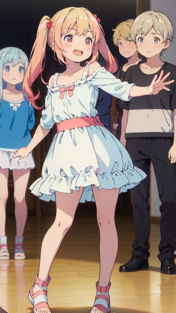 ((masterpiece))((Highest quality))girl、Laughing with your mouth open、blush、Flat Chest、Are thin、Blonde Hair、blush、Are standing、Whole body image、Eye level on face、、No background、Blue clothes、Hair is two colors、Twin tails、Red Eyes、Two-tone red and yellow hair、With open arms