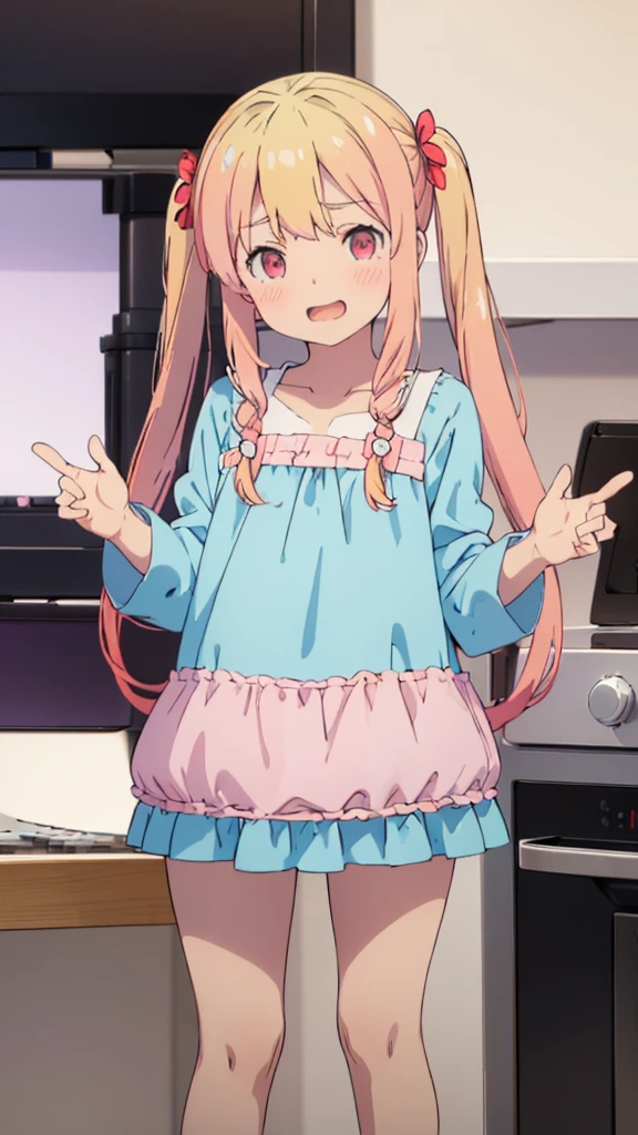 ((masterpiece))((Highest quality))girl、Laughing with your mouth open、blush、Flat Chest、Are thin、Blonde Hair、blush、Are standing、Whole body image、Eye level on face、、No background、Blue clothes、Hair is two colors、Twin tails、Red Eyes、Two-tone red and yellow hair、With open arms