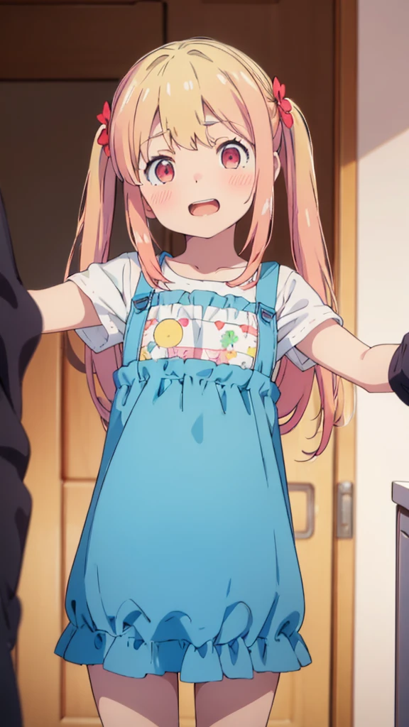 ((masterpiece))((Highest quality))girl、Laughing with your mouth open、blush、Flat Chest、Are thin、Blonde Hair、blush、Are standing、Whole body image、Eye level on face、、No background、Blue clothes、Hair is two colors、Twin tails、Red Eyes、Two-tone red and yellow hair、With open arms