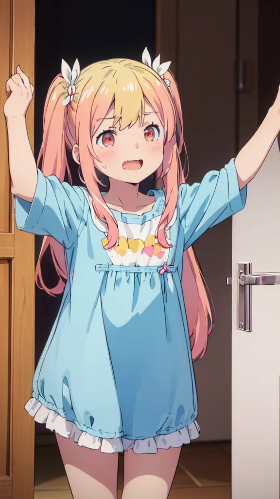 ((masterpiece))((Highest quality))girl、Laughing with your mouth open、blush、Flat Chest、Are thin、Blonde Hair、blush、Are standing、Whole body image、Eye level on face、、No background、Blue clothes、Hair is two colors、Twin tails、Red Eyes、Two-tone red and yellow hair、With open arms
