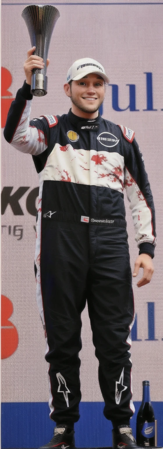 racing driver, Grinning, holding trophy, black jumpsuit