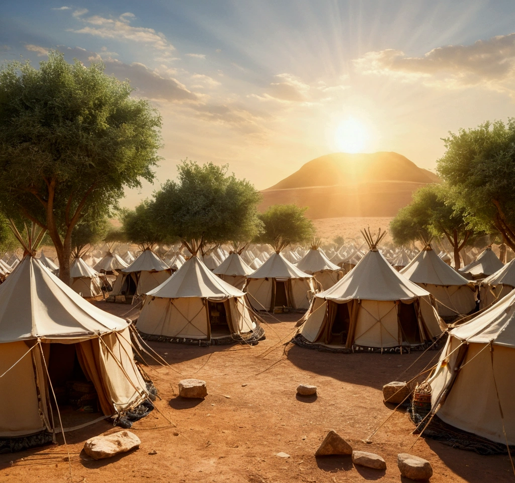 an image of a day with a bright sun, from the tribe of Benjamin, several scattered tents from biblical times