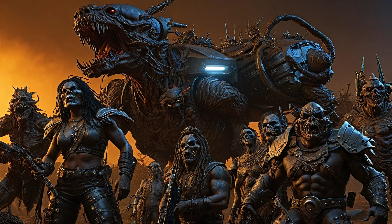 in (medium full shot:3.1) of lot of characters from a movie for slave girls from beyond infinity, inspired by Clyde Caldwell, futuristic apocalypse, stalenhag, metal album cover, gwar, heavy metal band promo, wayne barlowe pierre pellegrini, (with Creepy, Sci-Fi, Fantasy and Horror:2.9) retro sci fi, Horror movie, very detailed body, moody, epic, shot on Kodak Vision3, (intricate details:2.4), (hyperdetailed:3.1), (8k resolution:3.1), (high detailed:4.1), lot of detailed, high quality, soft (cinematic:3.3) light, dramatic atmosphere, atmospheric pespective, (impactful art:2.8), rich colors, 3d rendering