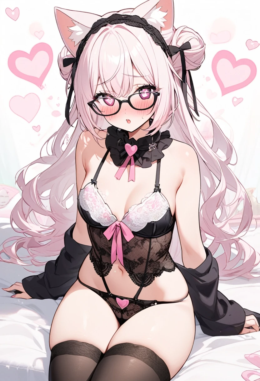 I have white pink hair, cat ears, a bun, my face is super blushing, black glasses, pink heart eyes, and if you could, in lingerie, black stockings, a cat's tail, a very shy girl, that you are lying on your bed how suspicious it is very small