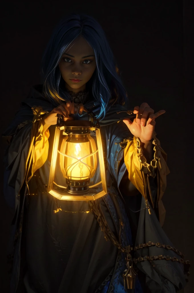 selfie, 1 character, rpg fantasy, fantasy race. in darkness, holding a lantern in front face (focus on lantern), magic item, large lantern suspended by chain. blue fire lantern, lantern font of light. the lantern shiny bright and conjuring falling smoke, blue fire. priest, hood, light reflect in face and eyes, serious expression. perfect hands [[in 2 hands, 5_fingers, five_finger, 5f, 5_fingered]]. original character, authentic. looking to viewer, focus on talisman and face.  centered, solo character, front view. semi realistic painting style, illustration. blank background, empty.3D, baroque style,oil paint,Rococo style, 3d