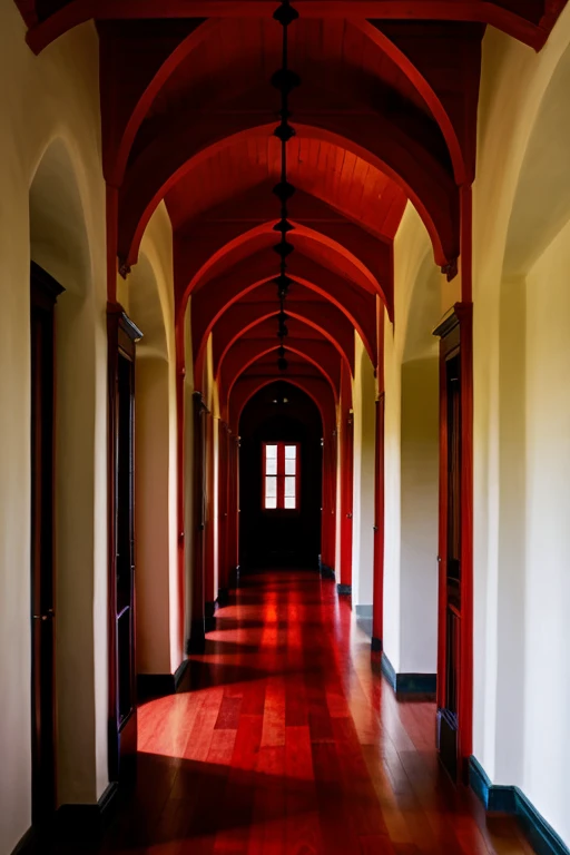 A very formal red-roofed hallway and on the sides giant skeleton arms from the sky drinking tea from circular tables.