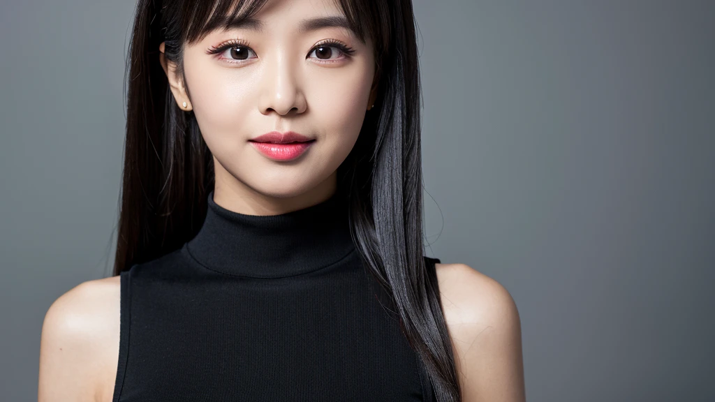 ((Detailed face)),vivid,cute,A silky black and white outfit with a turtleneck and sleeveless top,4K,Ultra-high resolution,（Photorealistic：1.7）,Gray background,Long black hair,