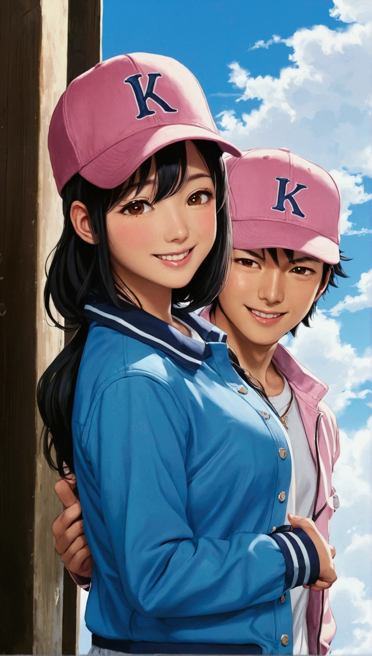 1girl and 1boy, Kurita Kaoru, solo, smile, shirt, black hair, long sleeves, hat, brown eyes, Blue pink jacket, white shirt, KuritaKaoruR4, baseball cap, Sex Ass Penis and Veginal