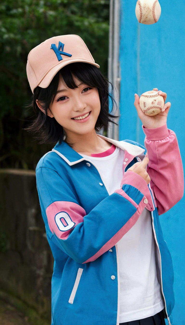1girl and 1boy, Kurita Kaoru, solo, smile, shirt, black hair, long sleeves, hat, brown eyes, Blue pink jacket, white shirt, KuritaKaoruR4, baseball cap, Sex Ass Penis and Veginal