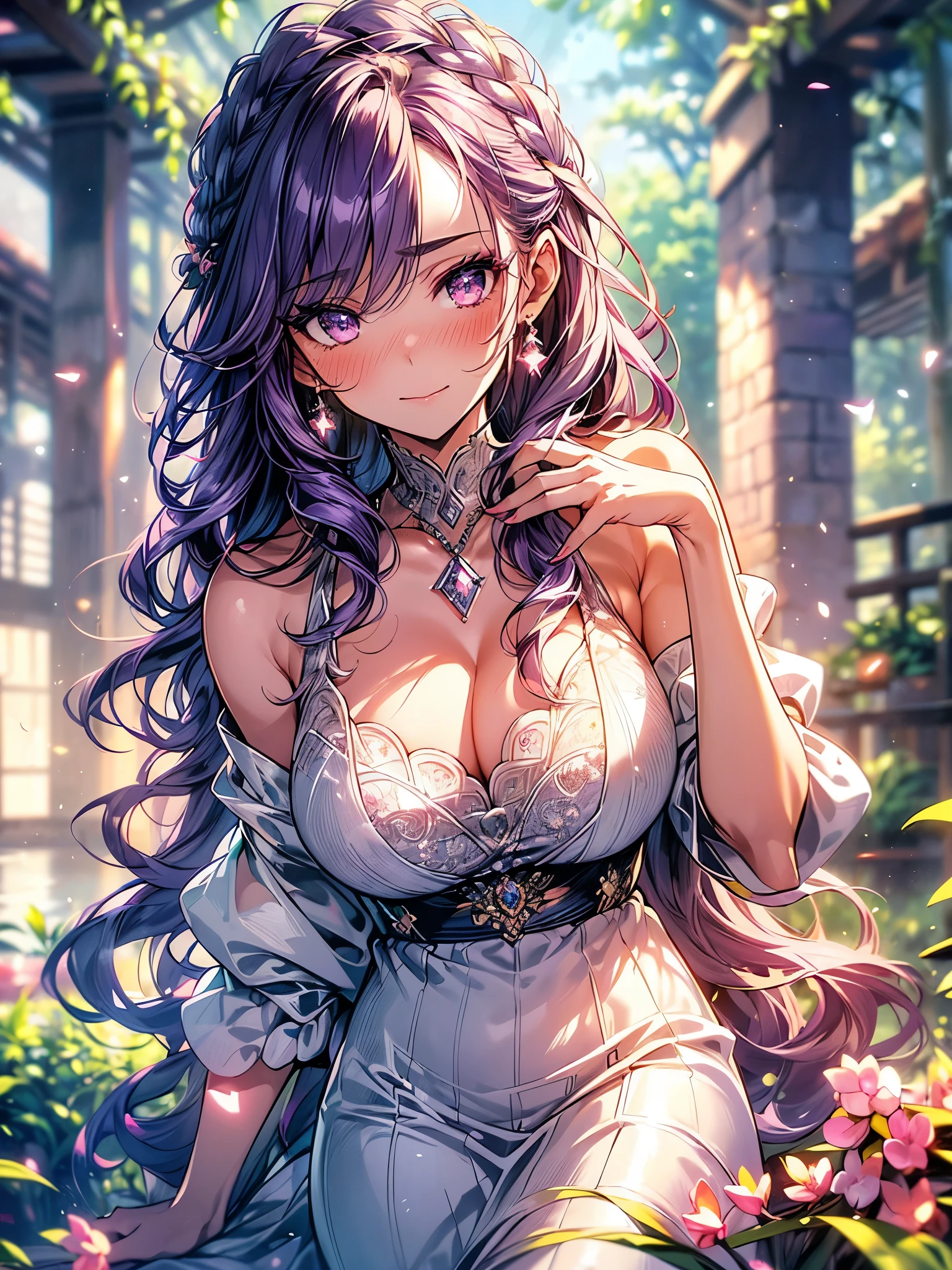 (overhead view), mature woman, 1girl, (masterpiece, best quality, ultra-detailed), sharp focus, detailed face, face focus, extremely detailed eyes, long hair, crown braid, hair over shoulder, (silvery-purple hair:1.3), purple eyes, (glitter eyes:1.2), long eyelashes, (heavy blush, drunk:1.2), delicate makeup, big breasts, ((pink and white intricate dress, bare shoulders, cleavage)), ((twilight, holding diamond shard, exploring, bamboo shoots background, grass, green particles surrounds, tranquil pond, cherry blossom backdrop, breeze)), cinematic lighting, rim lightning, ray tracing, shadowing, dynamic angle, angry