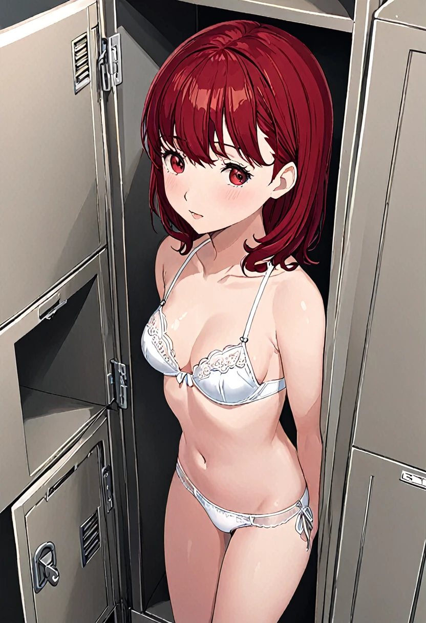 (((masterpiece) (((((Highest quality))))((high resolution))))), Very detailed, Ultra-realistic, )、、lockerルーム、Open shirt、White Bra、White panties、Red Hair、Small breasts、locker、Change of clothes、((Expressionless))、From above.stand