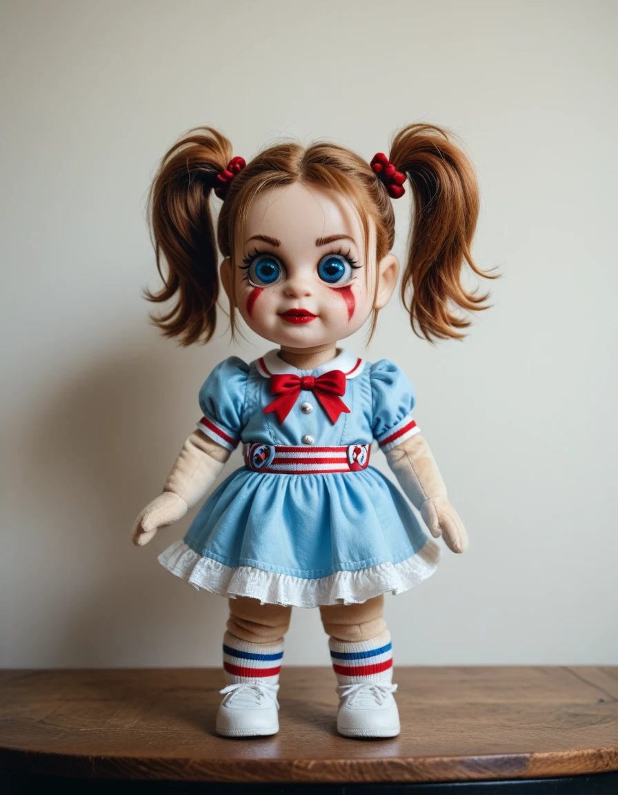 score_9, score_8_up, score_7_up, score_6_up, score_5_up, score_4_up, score_9, a Chucky doll killer, blue round eyes, plushie standing on a real table