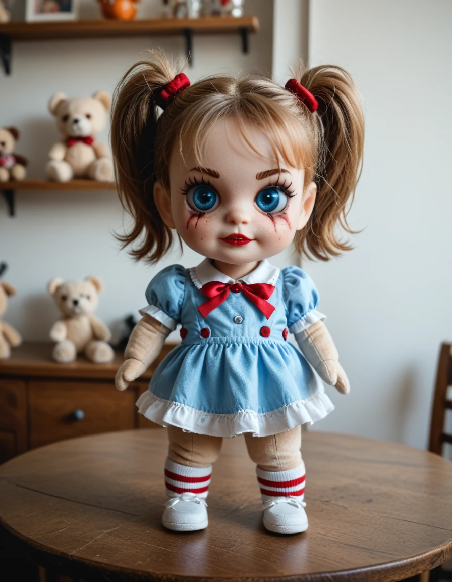 score_9, score_8_up, score_7_up, score_6_up, score_5_up, score_4_up, score_9, a Chucky doll killer, blue round eyes, plushie standing on a real table