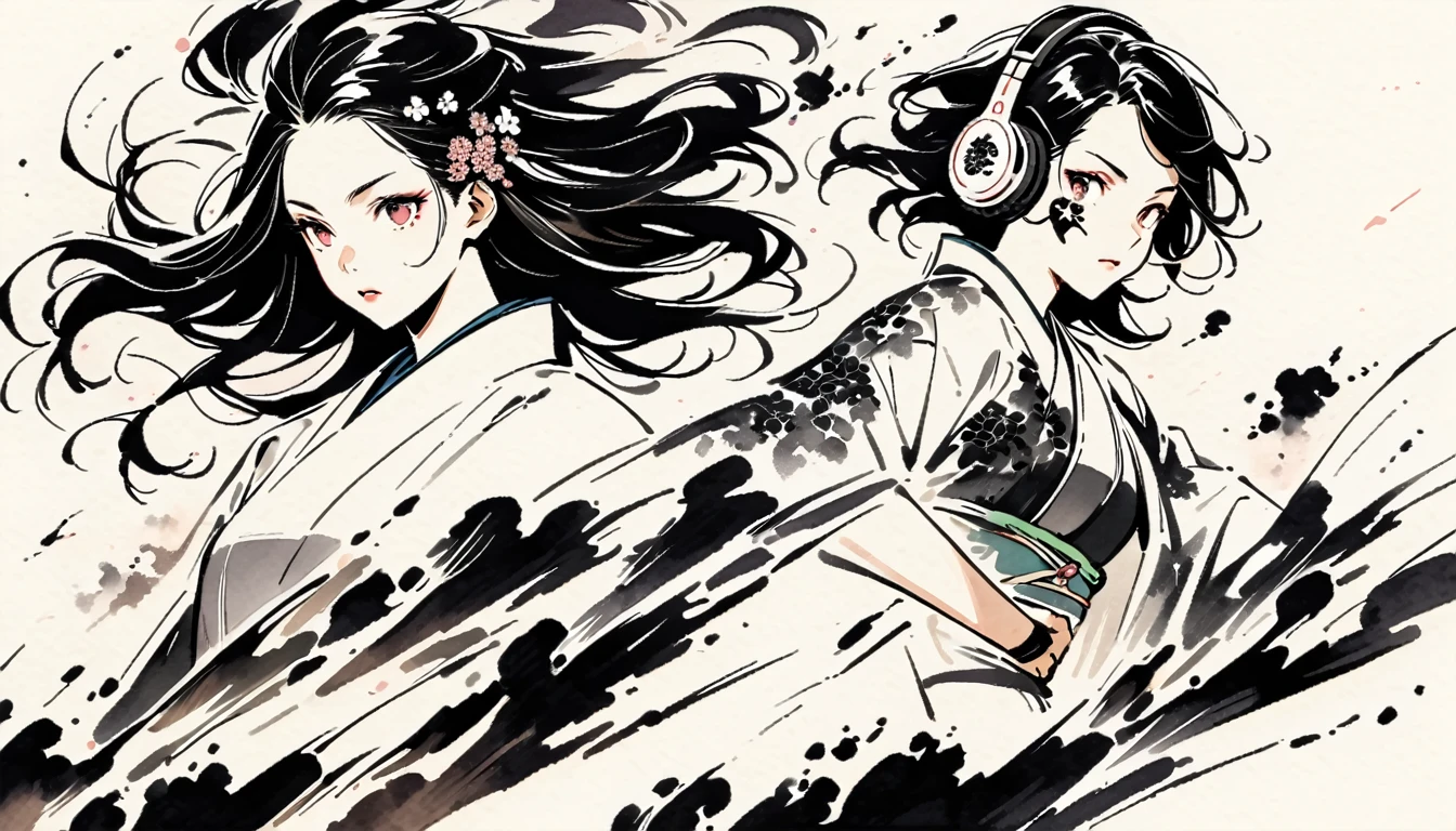 (((Ink Painting))), ((Japanese style headphones)), (((Japanese pattern tattoo on face))), Gorgeous hair accessories, Japanese Woman, Fluttering Hair, (((karate)))