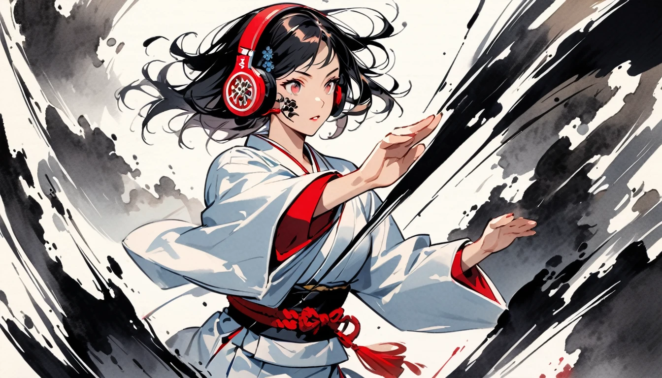 (((Ink Painting))), ((Japanese style headphones)), (((Japanese pattern tattoo on face))), Gorgeous hair accessories, Japanese Woman, Fluttering Hair, (((karate)))