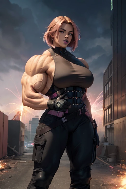 (((((Massive tall, beautiful, buff, light brown skinned muscular female soldier with shocking pink hair, black lipstick, ginormous bulky muscles and wearing a Stealth bodysuit and cargo pants))))), (close view), ((massive muscles)), massive biceps, hyper muscle shoulders, ginormous muscle arms, hyper muscle triceps, angled bob cut, red eyes, choker, (stealth belt), black boots, fingerless gloves, (in front of an exploding building), sensual smile, night, hyper muscles arms, hyper muscle legs, (ginormous arms).