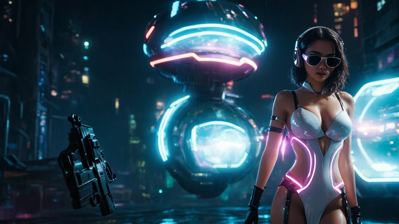 (aerial view, a flying cars docking platform, a very dark abandoned futuristic city, neon lights), rainy night. 1girl, solo, alone, large-:1.2 slim body, cleavasexy wind blow wet dress:1.4, (headphone, black sunglasses), (((she raised:1.8 a pistol:1.8 and took aim))), dynamic pose, (((half-body thigh level medium shot))), cinematic lighting, lens flare, ray tracing.