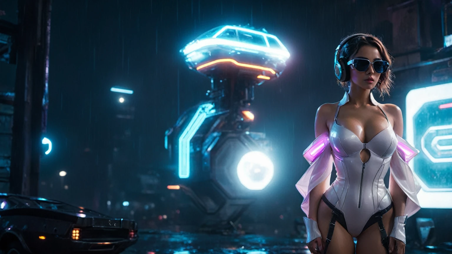 (aerial view, a flying cars docking platform, a very dark abandoned futuristic city, neon lights), rainy night. 1girl, solo, alone, large-breast:1.2 slim body, cleavage:1.1, sexy wind blowing wet dress:1.4, (headphone, black sunglasses), (((she raised:1.8 a pistol:1.8 and took aim))), dynamic pose, (((half-body thigh level medium shot))), cinematic lighting, lens flare, ray tracing.