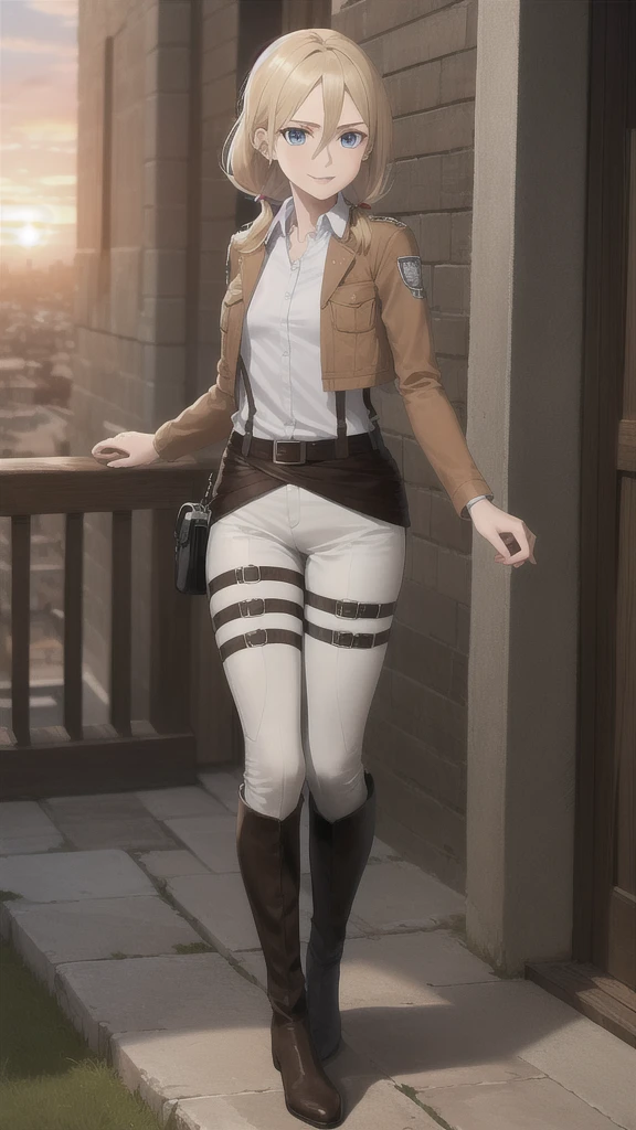 masterpiece, best quality, highres,
castle ruins, sunset, serious expression,
1girl, solo, looking at viewer, smile, v, hands down,
historia, christa renz, blonde hair, blue eyes, hair between eyes, short hair, ponytail, official art,
jacket, brown jacket, emblem, belt, thigh strap, pants, white pants, boots, shirt, white shirt, collared shirt, full body, standing