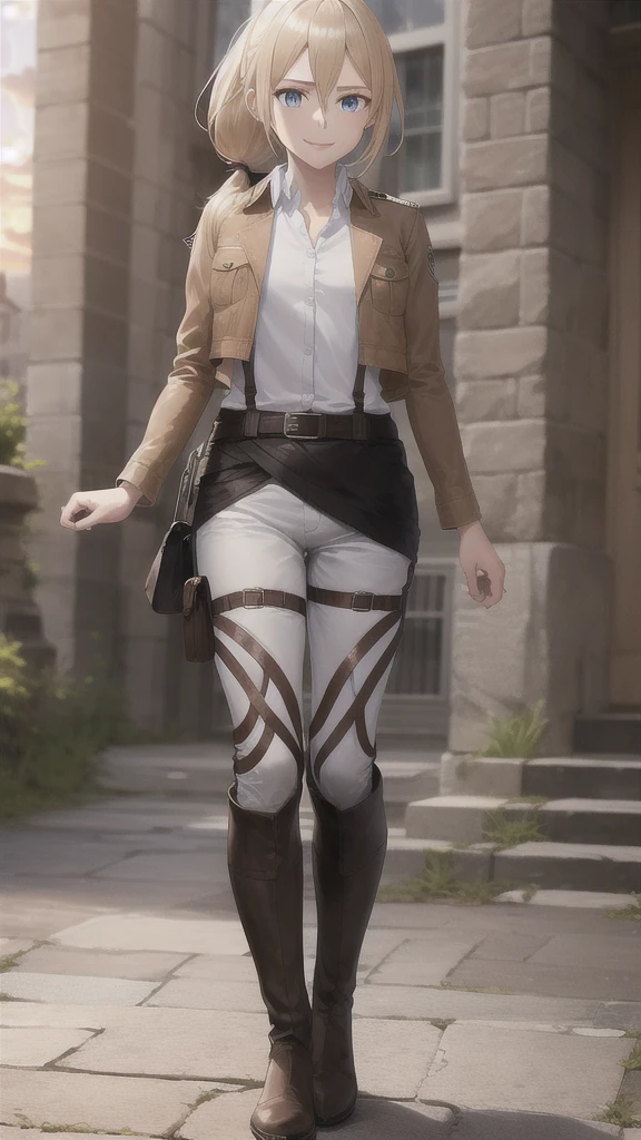 masterpiece, best quality, highres,
castle ruins, sunset, serious expression,
1girl, solo, looking at viewer, smile, v, hands down,
historia, christa renz, blonde hair, blue eyes, hair between eyes, short hair, ponytail, official art,
jacket, brown jacket, emblem, belt, thigh strap, pants, white pants, boots, shirt, white shirt, collared shirt, full body, standing