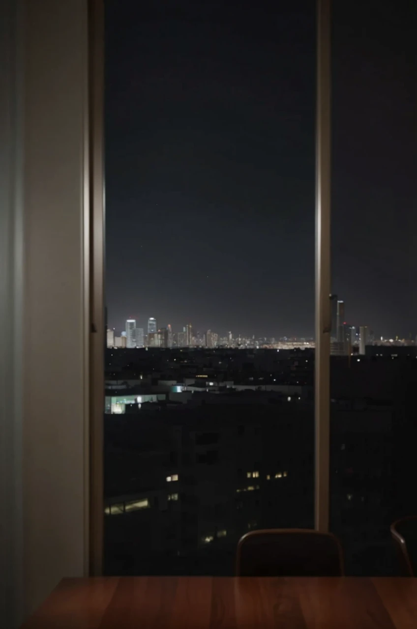 Creates an image of a night view that focuses primarily on the window from inside a dining room where the camera angle is positioned just above a large empty square coffee-colored wooden table., with leather chairs of the same color and a brown wooden floor, in an ordinary apartment in CDMX, in the Colinas del Sur neighborhood of the Álvaro Obregón mayor's office, with a very close view of Santa Fe, CDMX. It's a night view, that is to say, totally at night of a city from a high point, observed through two large glass windows that form a corner. The interior is dimly lit, allowing the city lights to stand out. The horizon is full of illuminated buildings, streets and vehicle lights at night, creating a vibrant urban tapestry. Reflections of interior lights are seen in the glass windows. The scene captures the contrast between the quiet interior space and the bustling city life outside., showing the beauty of urban night lighting.