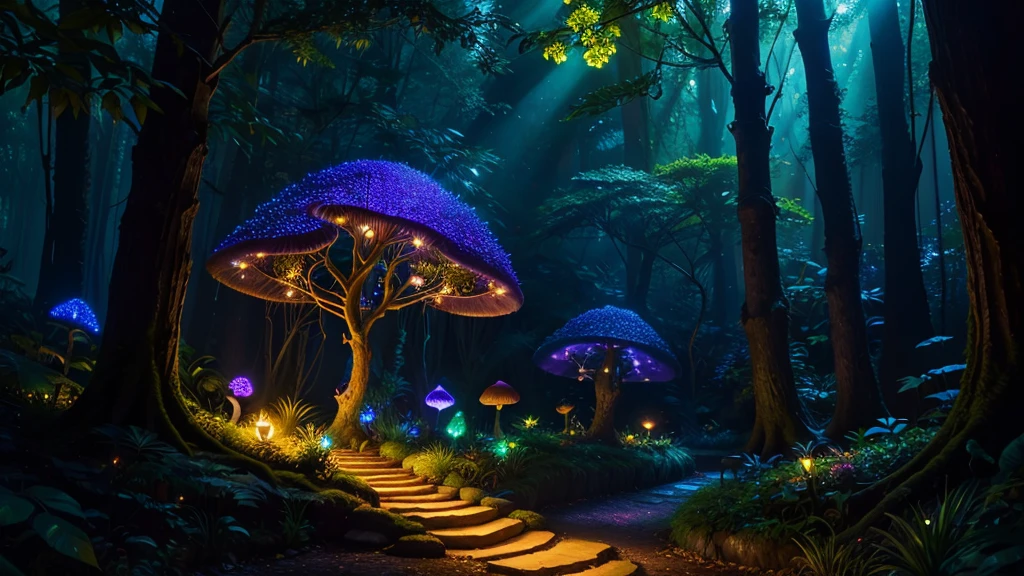 a fantastical magical forest, exotic plants, an illuminated path, magical lights, extravagant and fantastical composition, fairy realm, detailed lush vegetation, whimsical mushrooms, glowing fireflies, vibrant colors, dramatic lighting, surreal atmosphere, photorealistic, 8k, best quality, masterpiece