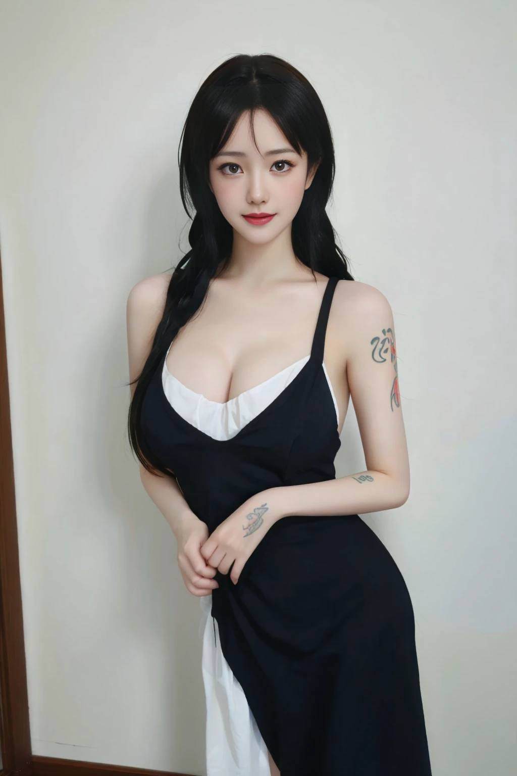 ulzzang-6500-v1.1,(raw photo:1.2),((photorealistic:1.30)), ((best quality)) ,((masterpiece)),((Ultra High Resolution)), ((Clear View)),,Ultra-high resolution,Clear face,(Reality:1.4) , illustration, an extremely delicate and beautiful, extremely detailed ,CG ,unity ,8k wallpaper, Amazing, finely detail, masterpiece,best quality,official art,extremely detailed CG unity 8k wallpaper,absurdres, incredibly absurdres, huge filesize, ultra-detailed, highres, extremely detailed,beautiful detailed girl, extremely detailed eyes and face, beautiful detailed eyes,light on face,cinematic lighting, 25 year old woman,1girl, 独奏, long hair, (One braid hair:1.5),brown hair,bare shoulders, jewelry, collarbone, earrings,smile, necklace, apron, apron, (full body:1.5), standing, (Tattoos:1.3), (Tattoos on the body:1.3), (super Giant breasts:1.7), (shagging breasts:1.5), (Cleavage:1.3), Naughty, sexy poses, (From the front:1.3), (Wearing glasses),