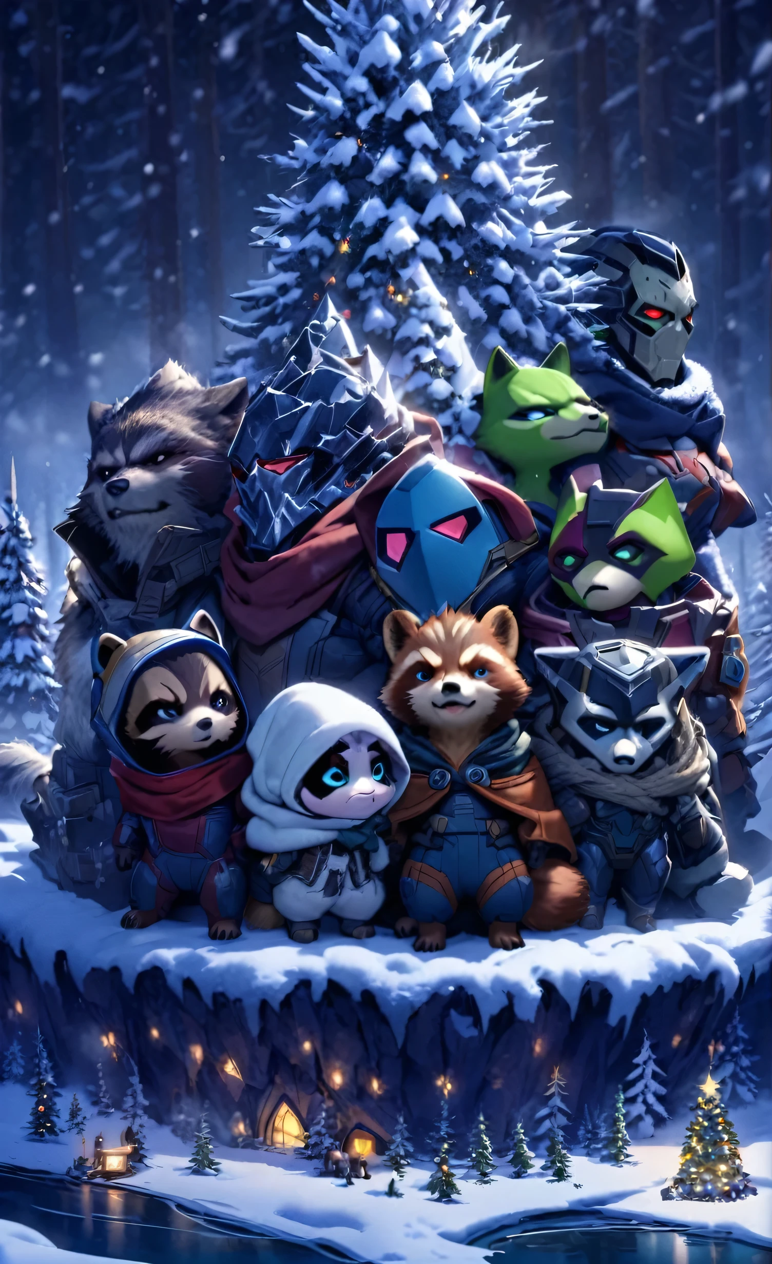 A charming miniaturized scene featuring the Guardians of the Galaxy huddled together, seeking warmth in a snowy forest. From left to right, Drax the Destroyer, Rocket Raccoon, Gamora, Star-Lord, and Groot are all bundled up against the cold. The background reveals a winter wonderland with snow-covered trees, a frozen lake, and a distant mountain range. The atmosphere is cozy and heartwarming, with a sense of camaraderie among the team members.