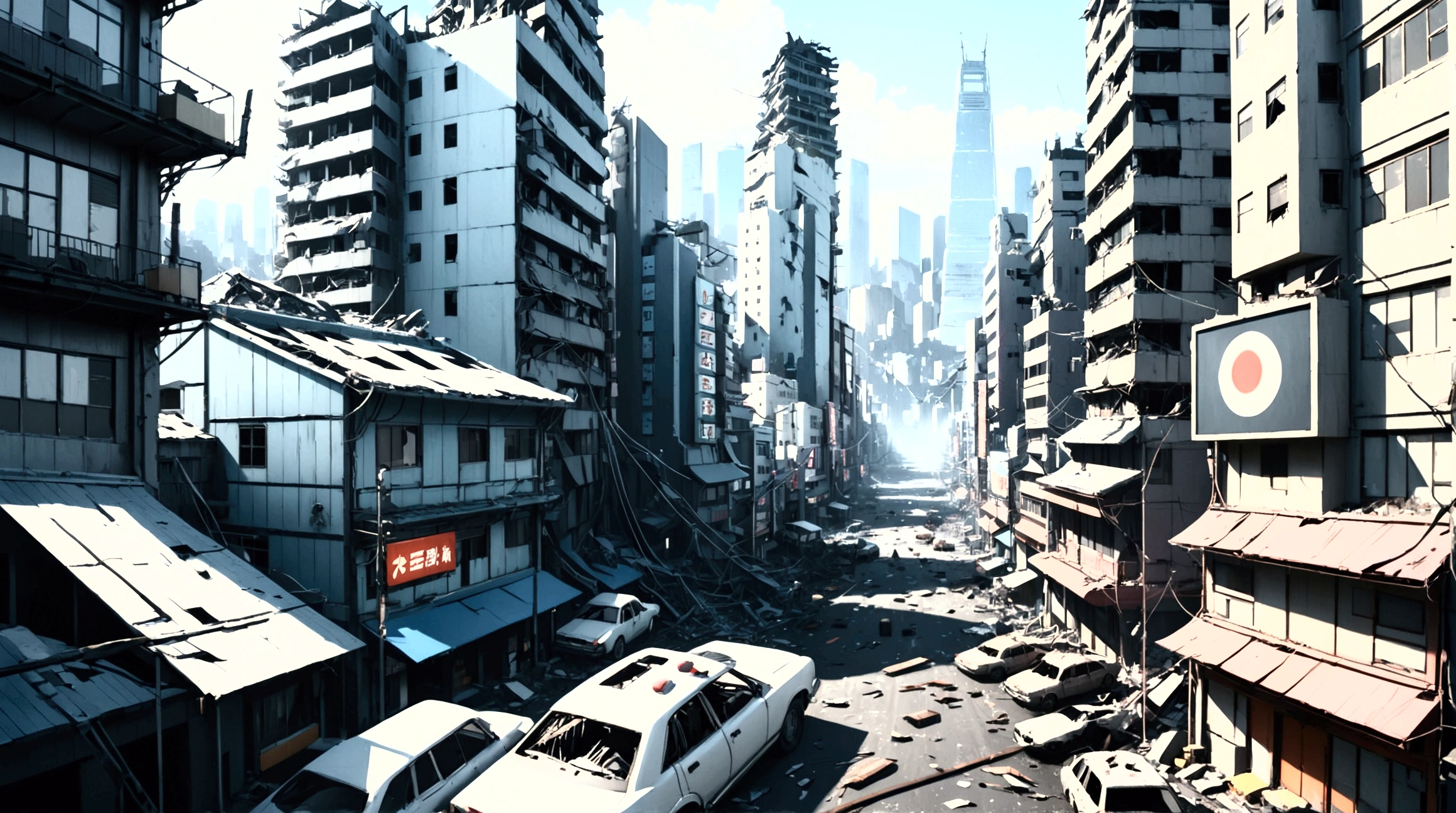 Collapsing Japanese cities,Floating Debris, Beautiful attention to detail, Beautiful lip detail, Very detailed目と顔, Long eyelashes, , Ruined cityscape, Post-apocalyptic, Very detailed, 4K, 8k, Realistic, Cinema Lighting, Dramatic colors, Calm Tones, Grainy, Dystopia, sf, Concept Art