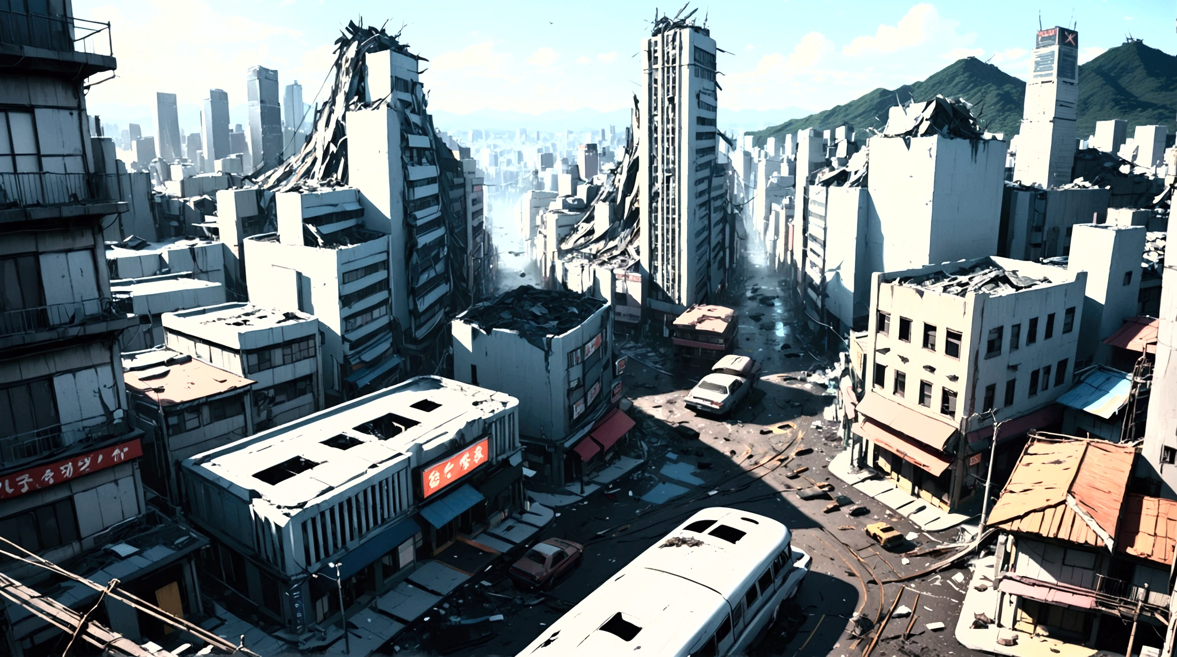 Collapsing Japanese cities,Floating Debris, Beautiful attention to detail, Beautiful lip detail, Very detailed目と顔, Long eyelashes, , Ruined cityscape, Post-apocalyptic, Very detailed, 4K, 8k, Realistic, Cinema Lighting, Dramatic colors, Calm Tones, Grainy, Dystopia, sf, Concept Art