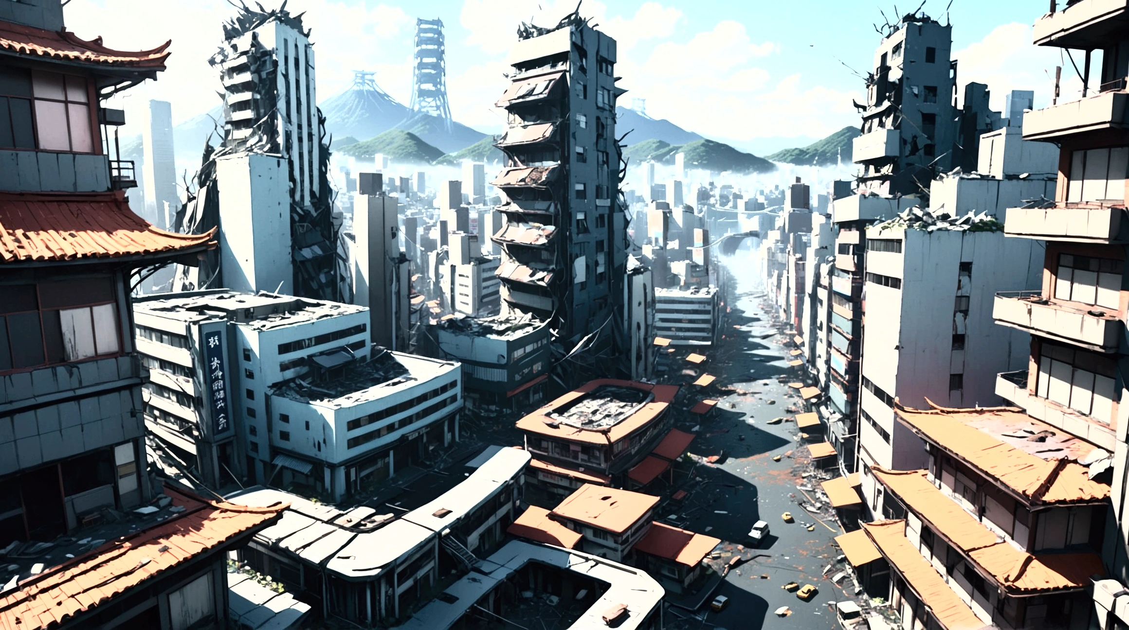 Collapsing Japanese cities,Floating Debris, Beautiful attention to detail, Beautiful lip detail, Very detailed目と顔, Long eyelashes, , Ruined cityscape, Post-apocalyptic, Very detailed, 4K, 8k, Realistic, Cinema Lighting, Dramatic colors, Calm Tones, Grainy, Dystopia, sf, Concept Art