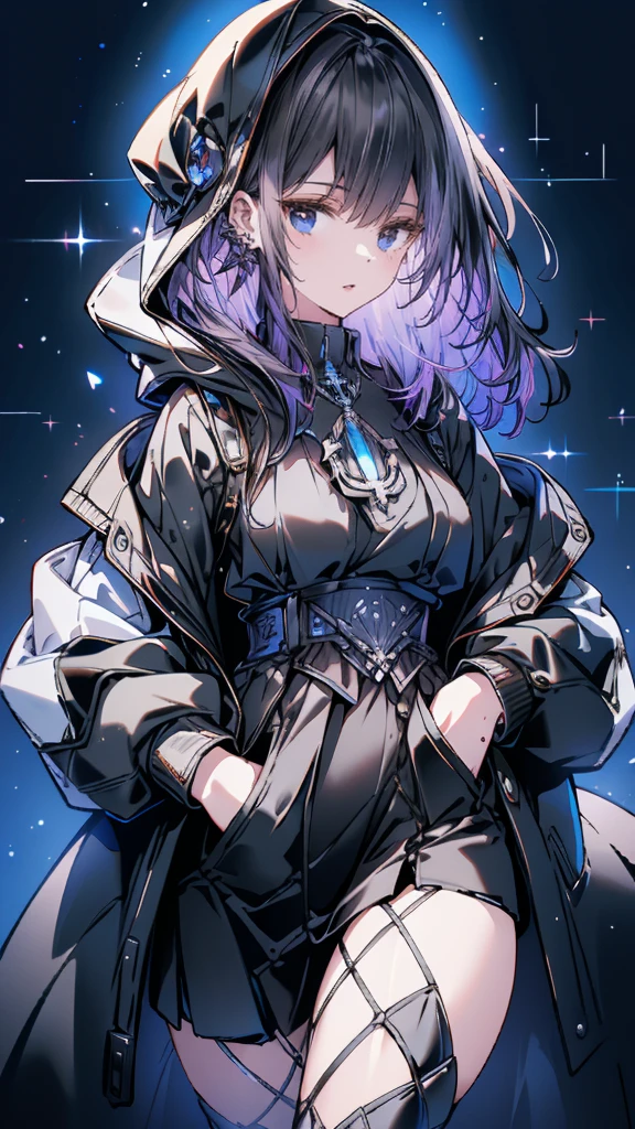 1 girl with red curly hair, blue eyes, long black dress, sweater, hand in pocket, hoodie, blue background, crystal cross, black heels, (best quality,4k,8k,highres,masterpiece:1.2),ultra-detailed,(realistic,photorealistic,photo-realistic:1.37),intricate details,highly detailed face,extremely detailed eyes and face,beautiful detailed lips,beautiful detailed eyes,cinematic lighting,cinematic color palette,dramatic lighting,dramatic color tones,mystical,dark fantasy