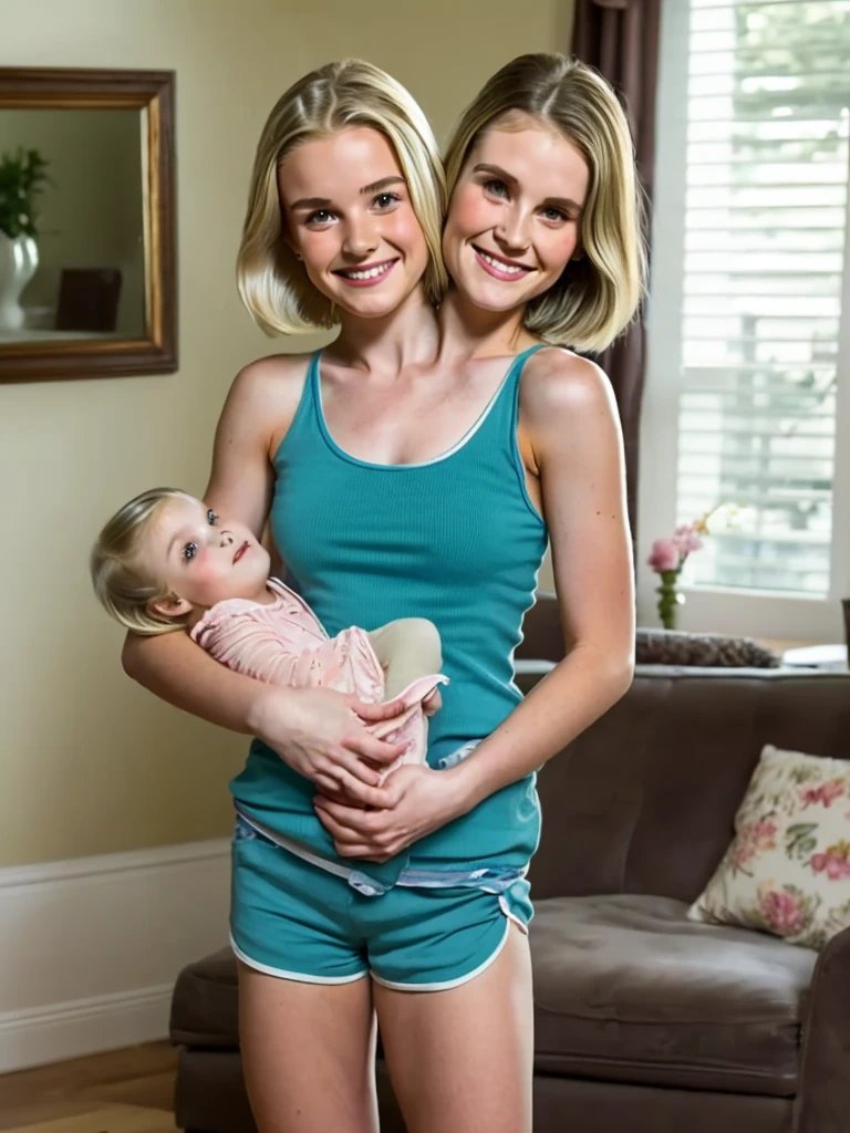 2heads, two headed girl, (a girl and a 30 year old woman:1.5), (blonde:1.5)