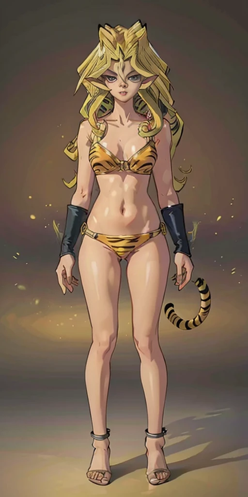 tsundere elf full body toe to head, long hair, blonde hair (green eyes:1.1) pointy ears, elf, multicolored hair, forehead jewel, yellow tiger bikini, standing symmetrical, plain background