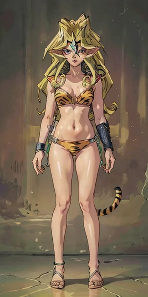 tsundere elf full body toe to head, long hair, blonde hair (green eyes:1.1) pointy ears, elf, multicolored hair, forehead jewel, yellow tiger bikini, standing symmetrical, plain background