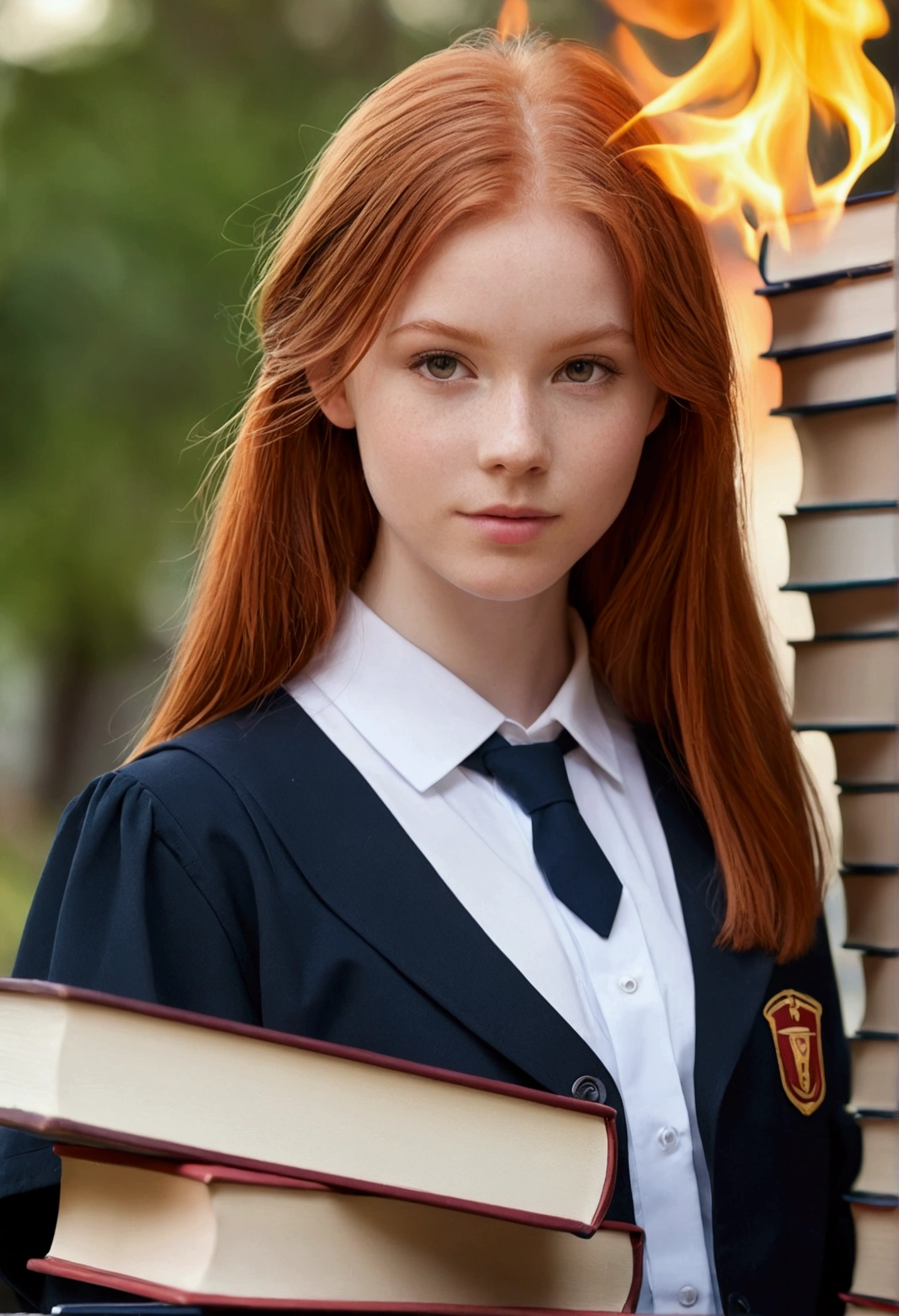 young redhead, university student, beautiful, delicate face, university uniform, books with blur