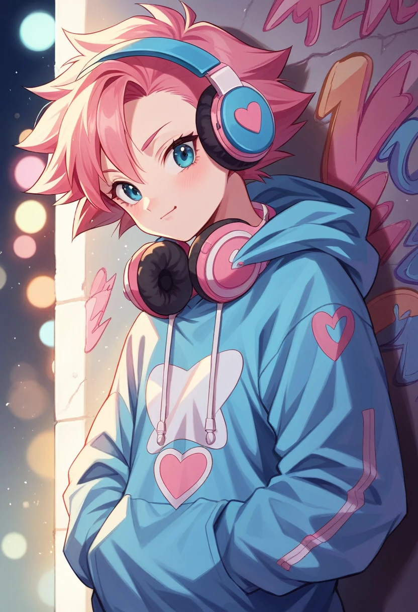 Cute cat girl vegeta peitos grandes sexy sensual dressed in a white blue Neon hoodie with pastel pink accents, oversized headphones snugly fit around its neck, mid-action as it maneuvers through an urban setting, backdrop of graffiti-covered walls, contemporary streetwear fashion vibe, pastel tones, soft-focus background, bokeh lights, digital painting, ultra fine, ultra realistic