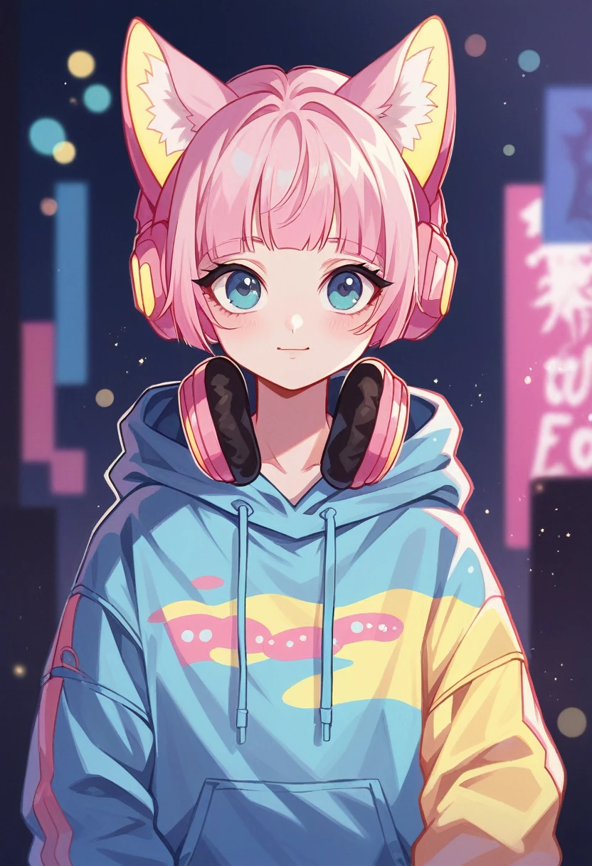 Cute cat girl vegeta peitos grandes sexy sensual dressed in a white blue Neon hoodie with pastel pink accents, oversized headphones snugly fit around its neck, mid-action as it maneuvers through an urban setting, backdrop of graffiti-covered walls, contemporary streetwear fashion vibe, pastel tones, soft-focus background, bokeh lights, digital painting, ultra fine, ultra realistic
