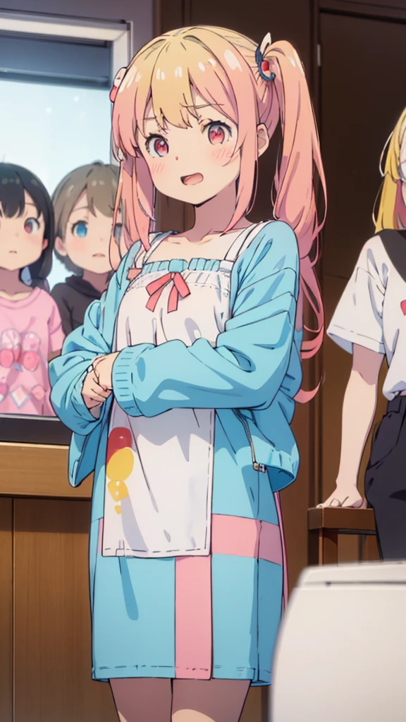 ((masterpiece))((Highest quality))girl、Laughing with your mouth open、blush、Flat Chest、Are thin、Blonde Hair、blush、Are standing、Whole body image、Eye level on face、、No background、Blue clothes、Hair is two colors、Twin tails、Red Eyes、Two-tone red and yellow hair、With open arms