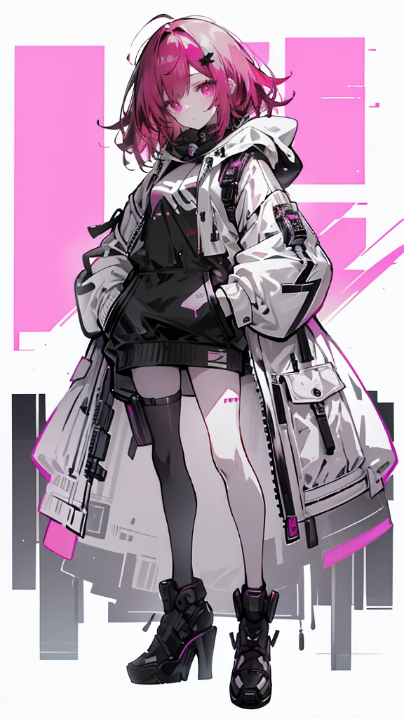 1 girl with red hair, pink eyes, cyberpunk style, hand in pocket, hoodie, pink starry background, black high heels