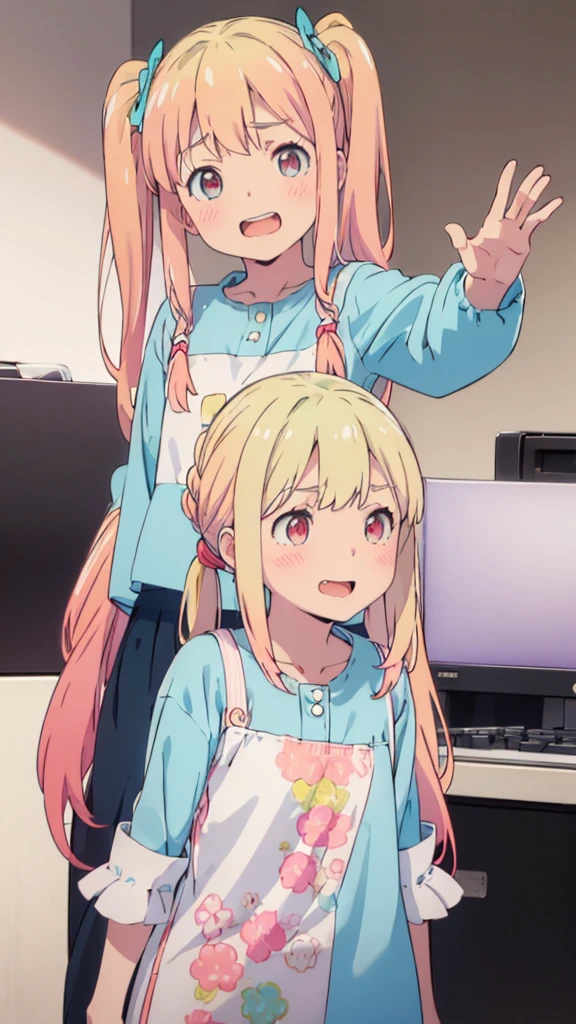 ((masterpiece))((Highest quality))girl、Laughing with your mouth open、blush、Flat Chest、Are thin、Blonde Hair、blush、Are standing、Whole body image、Eye level on face、、No background、Blue clothes、Hair is two colors、Twin tails、Red Eyes、Two-tone red and yellow hair、With open arms